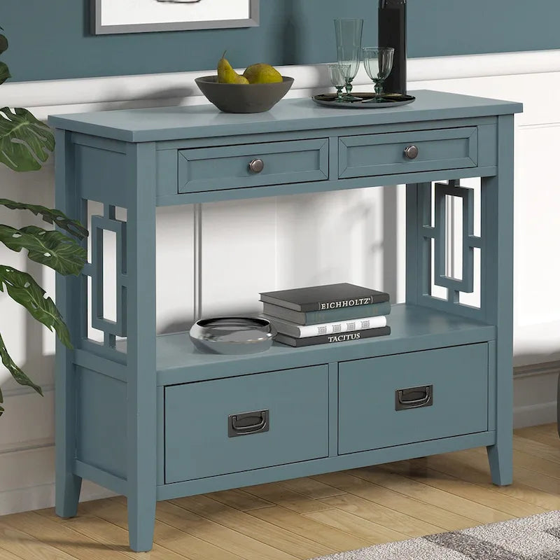 Tavolo Consolle in Legno Tavolino da Divano d'Ingresso con 4 Cassetti e 1 Ripiano Contenitore per Ingresso Soggiorno Camera da Letto