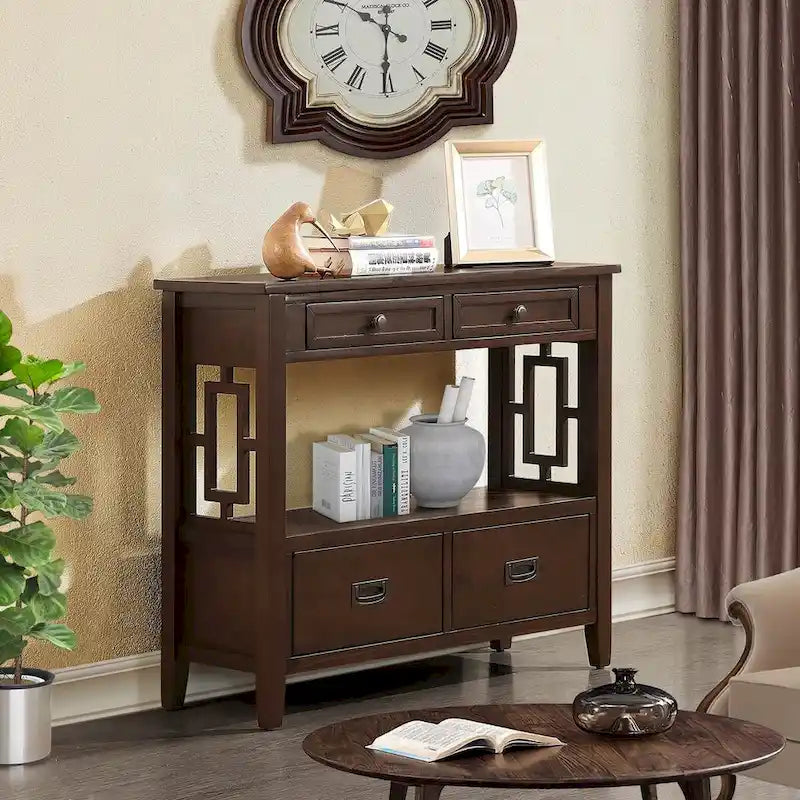 Tavolo Consolle in Legno Tavolino da Divano d'Ingresso con 4 Cassetti e 1 Ripiano Contenitore per Ingresso Soggiorno Camera da Letto
