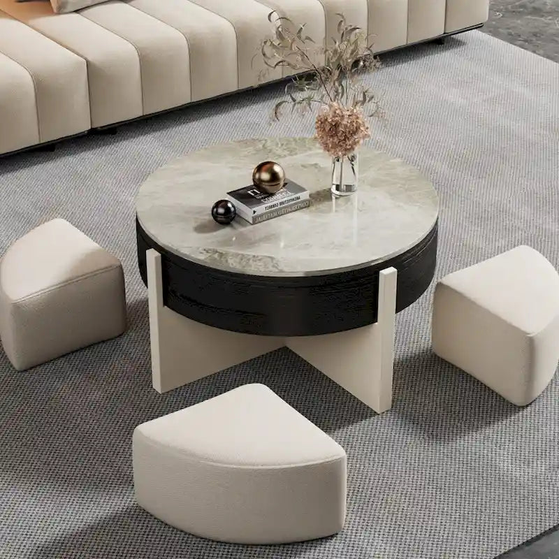 Tavolino da Caffè Moderno 31,5, Tavolino Trasformabile con 3 Pouf, Nero - 31,5 X 31,5