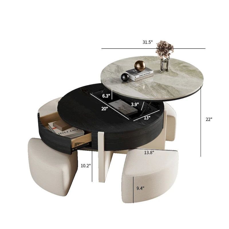 Tavolino da Caffè Moderno 31,5, Tavolino Trasformabile con 3 Pouf, Nero - 31,5 X 31,5
