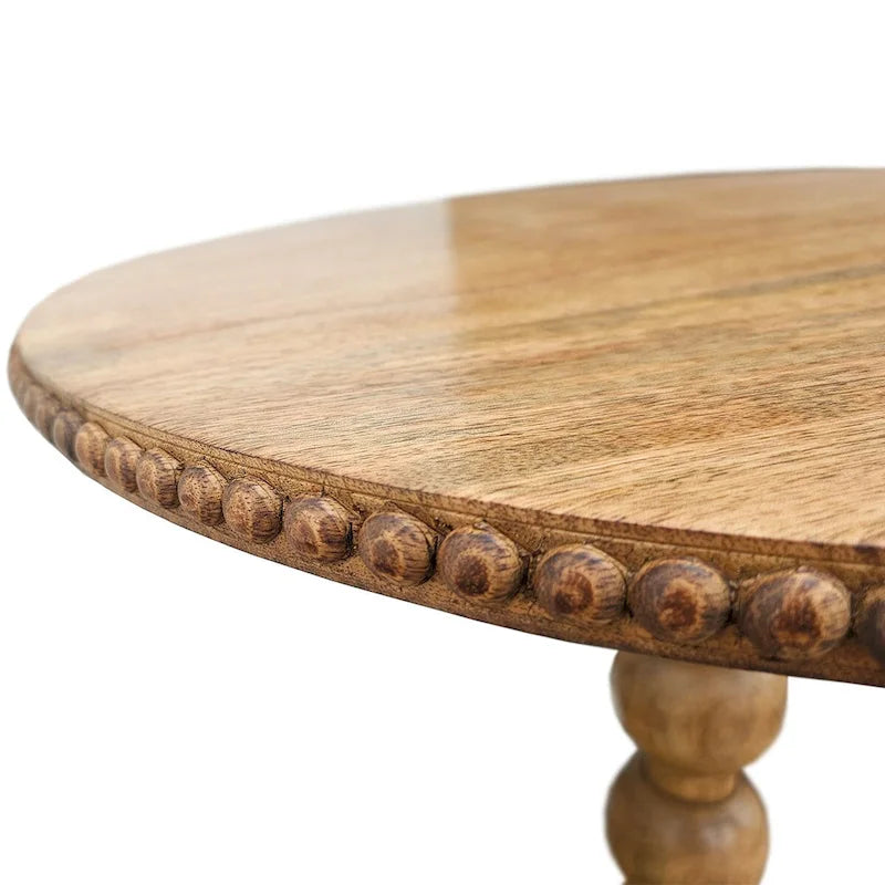 Tavolino rotondo da 21 pollici, con piano rotondo, gambe a sfera impilate, in legno di mango marrone naturale