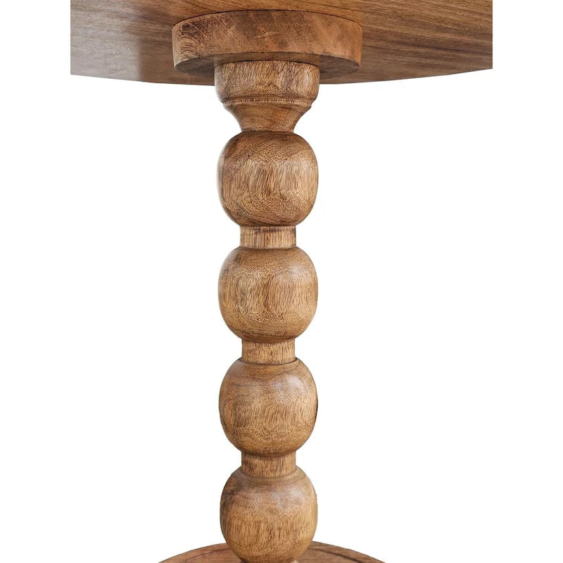 Tavolino rotondo da 21 pollici, con piano rotondo, gambe a sfera impilate, in legno di mango marrone naturale