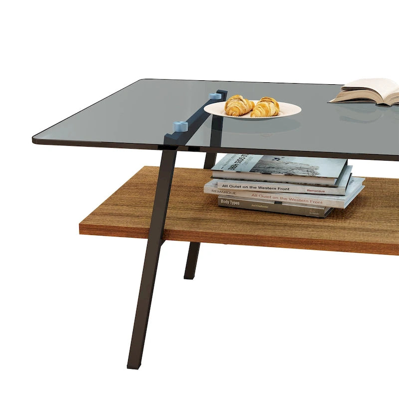 Rectangle Coffee Table,Tempered Glass Tabletop with Metal Legs,Modern Table for Living Room,Glass