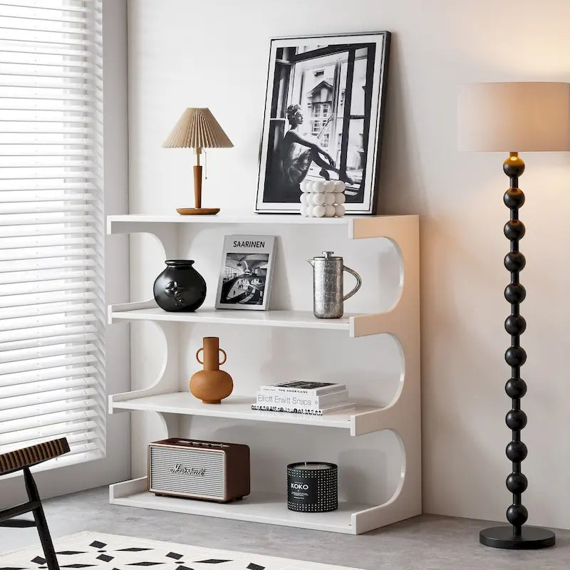 Scaffale libreria bianco a 4 ripiani e tavolino da caffè multifunzionale, libreria da terra per mobili creativi, scaffali portaoggetti organizzatori minimalisti