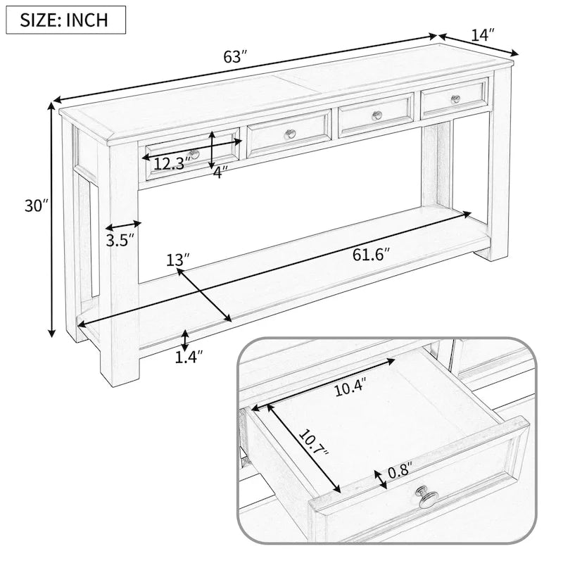 Consolle/Tavolo da divano con cassetti e ripiano inferiore - 160L x 35.5P x 76A