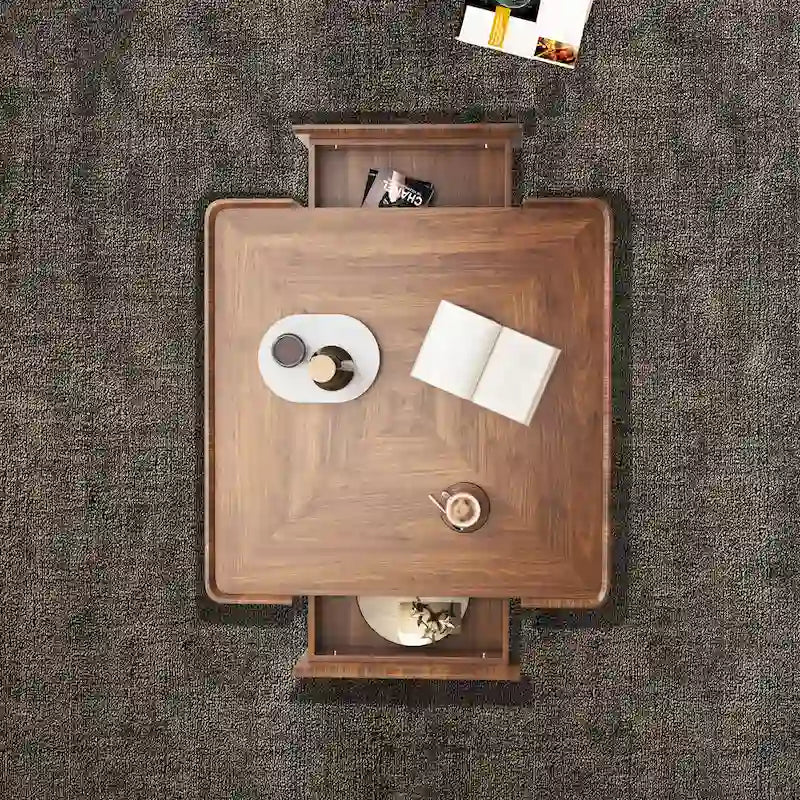 Tavolino da caffè quadrato moderno di metà secolo con finitura in legno e cassetti