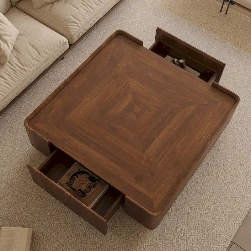 Tavolino da caffè quadrato moderno di metà secolo con finitura in legno e cassetti