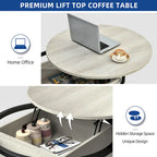 Table basse ronde relevable Moasis Farmhouse avec rangement dissimulé et étagère
