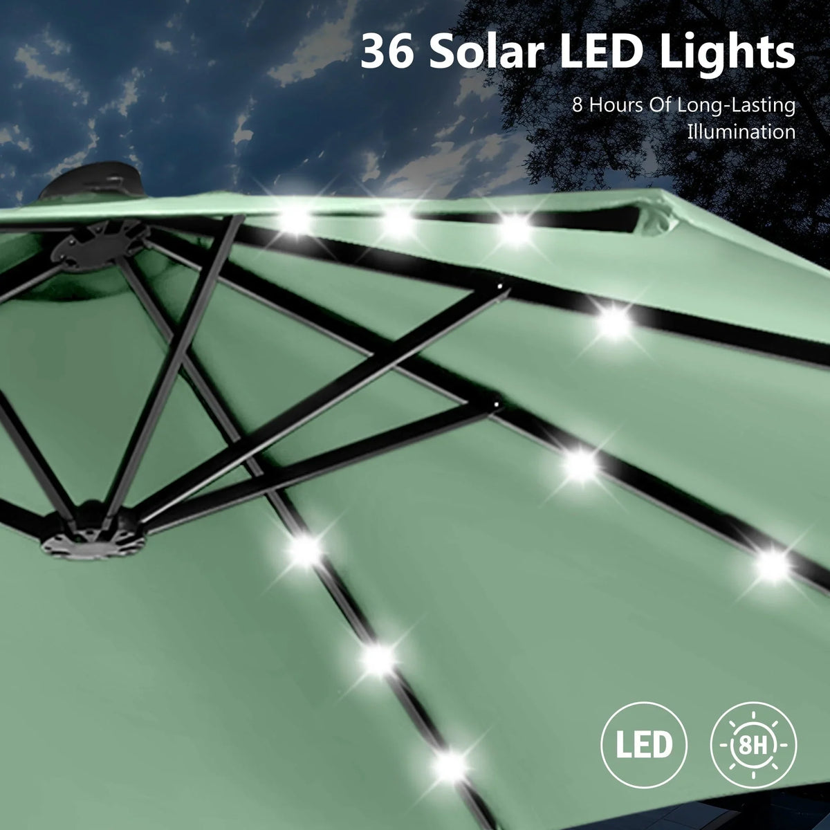 MAISON ARTS 15-foot Rectangular Crank Double-sided Outdoor Market Umbrella Solar LED Lighted Patio Umbrella with Base Included