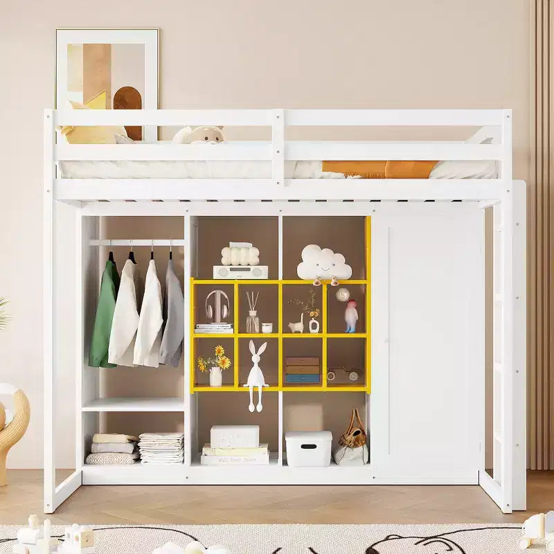 Kids Loft Bed with Wardrobe and Shelves, Wooden Loft Bed Frame with Storage Cabinet for Kids Teens