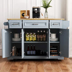 54  Large Kitchen Island with Rubber Wood Drop Leaf, Embossed Texture Rolling Kitchen Cart on 4 Wheels with 4 Doors & 3 Drawers