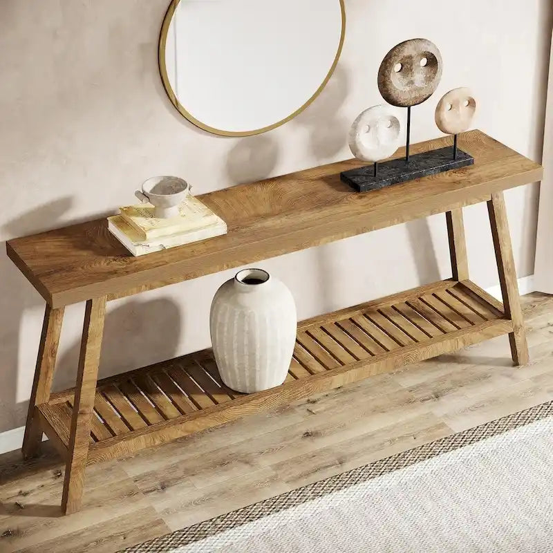 Tavolo Consolle da Ingresso Stile Rustico da 70,9 Pollici con 2 Ripiani, Tavolino Lungo e Stretto Dietro il Divano