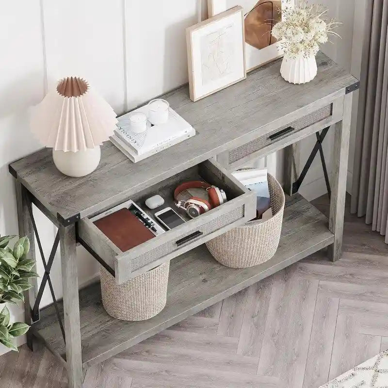 Tavolo Consolle Boho per Ingresso con Cassetti in Rattan