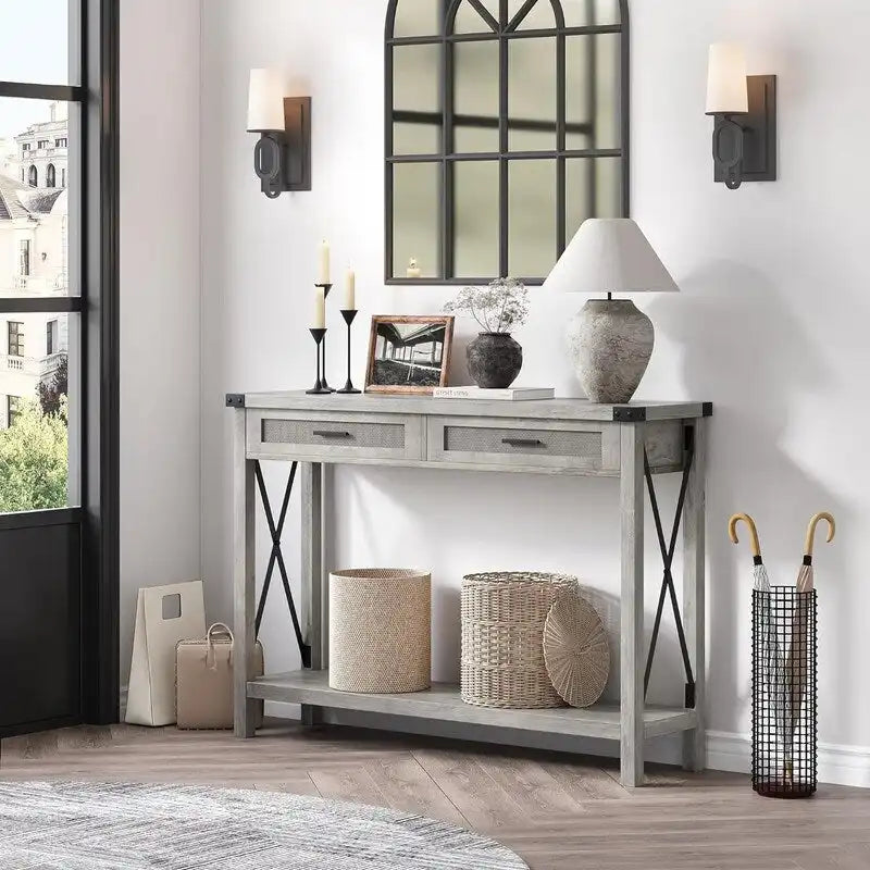 Tavolo Consolle Boho per Ingresso con Cassetti in Rattan
