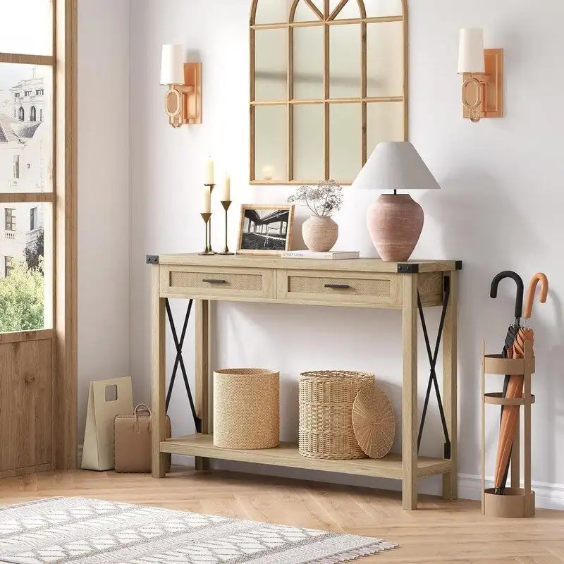 Tavolo Consolle Boho per Ingresso con Cassetti in Rattan