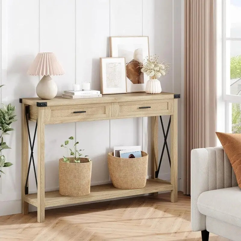 Tavolo Consolle Boho per Ingresso con Cassetti in Rattan