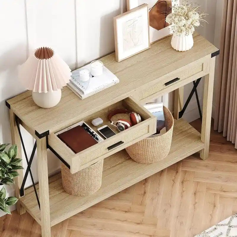 Tavolo Consolle Boho per Ingresso con Cassetti in Rattan