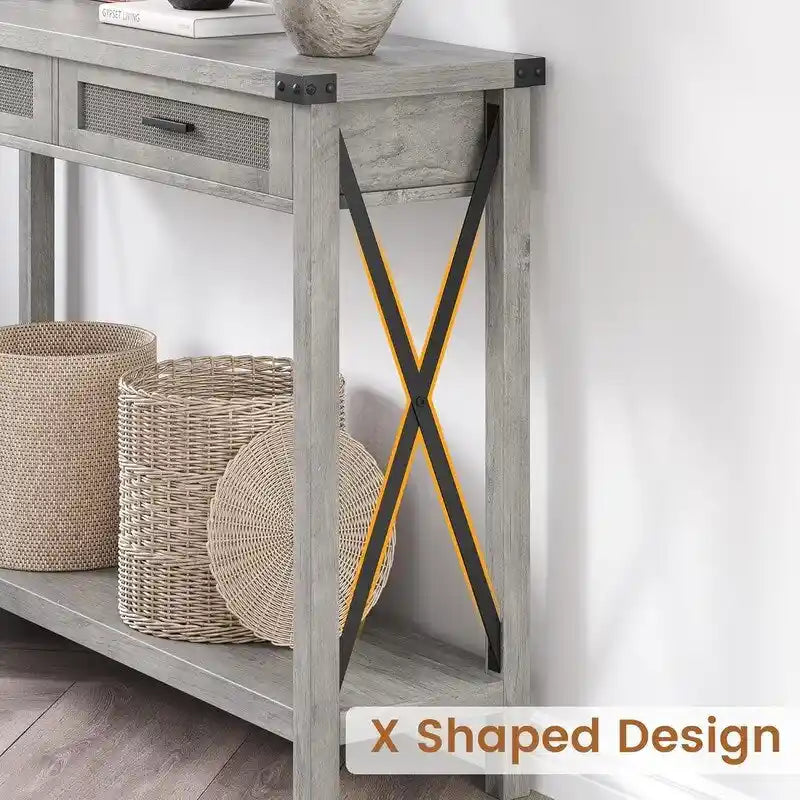Tavolo Consolle Boho per Ingresso con Cassetti in Rattan
