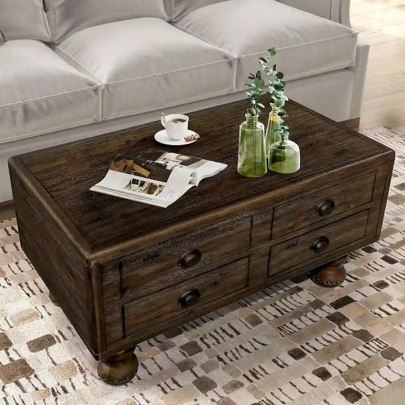 Tavolino da caffè rettangolare in legno massello con 4 cassetti, 40"