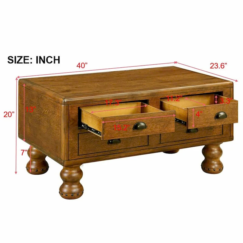 Tavolino da caffè rettangolare in legno massello con 4 cassetti, 40"