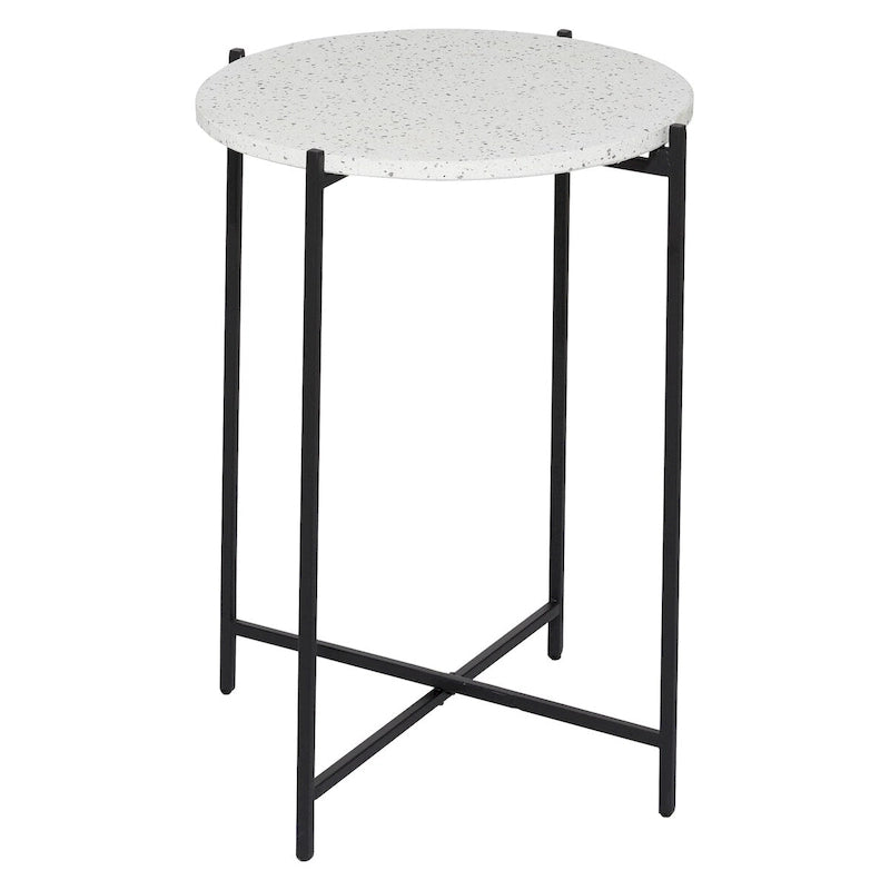 Tavolino d'appoggio/laterale con base a X in metallo nero e piano in pietra terrazzo - Bianco - Roche River Decor