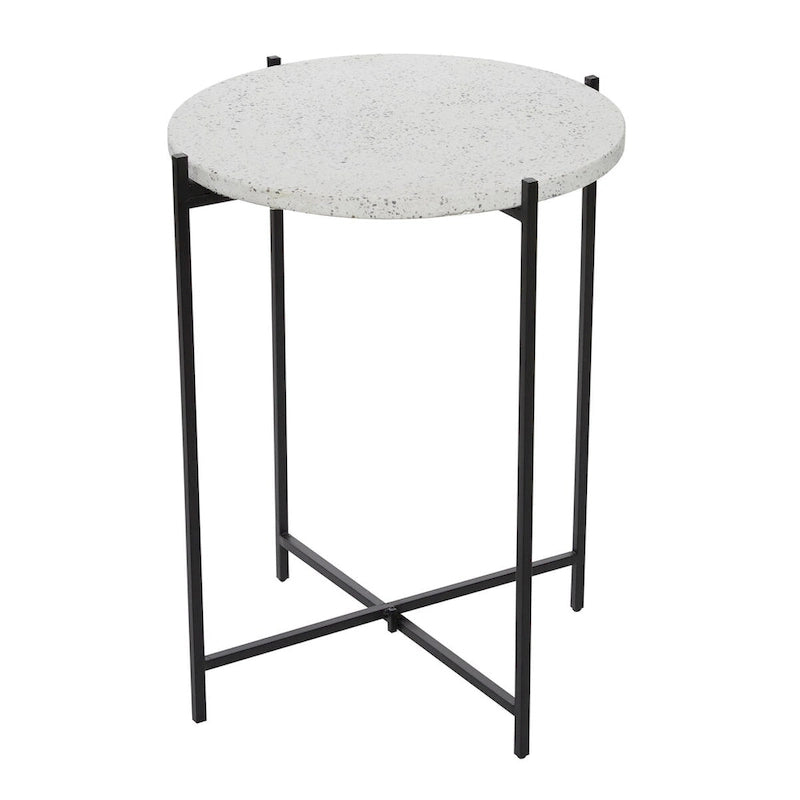 Tavolino d'appoggio/laterale con base a X in metallo nero e piano in pietra terrazzo - Bianco - Roche River Decor