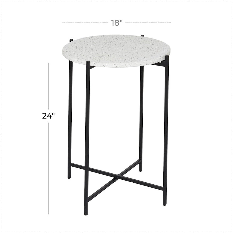 Tavolino d'appoggio/laterale con base a X in metallo nero e piano in pietra terrazzo - Bianco - Roche River Decor
