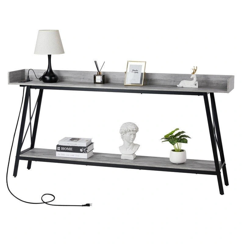Consolle da 180 cm con 2 prese di corrente e porte USB, Tavolo rustico industriale da divano per soggiorno