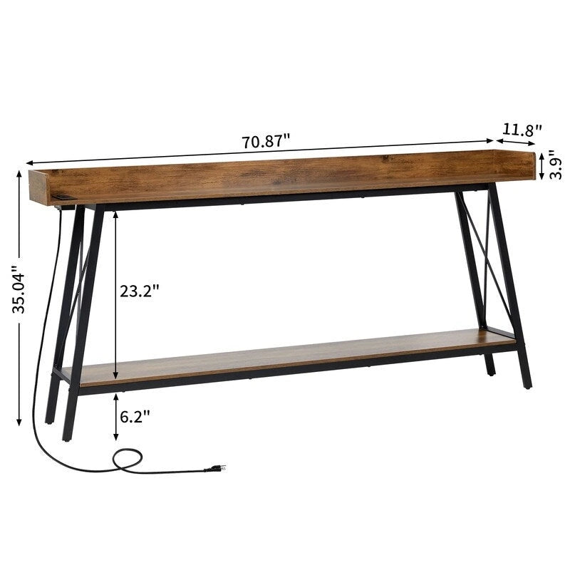 Consolle da 180 cm con 2 prese di corrente e porte USB, Tavolo rustico industriale da divano per soggiorno