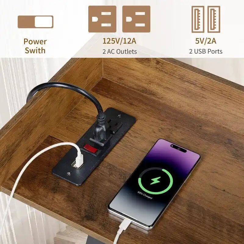 Consolle da 180 cm con 2 prese di corrente e porte USB, Tavolo rustico industriale da divano per soggiorno