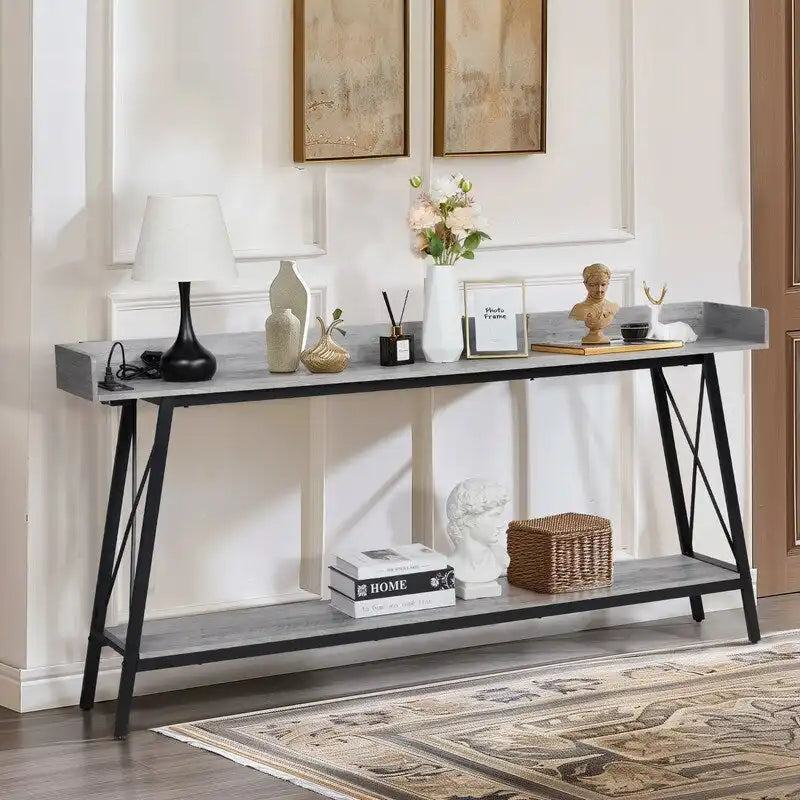 Consolle da 180 cm con 2 prese di corrente e porte USB, Tavolo rustico industriale da divano per soggiorno