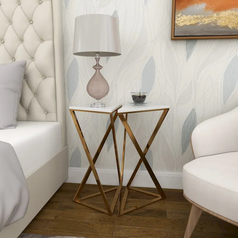 Metal Side End Accent Table with Marble Top - Set of 2 Gold - Roche River Decor