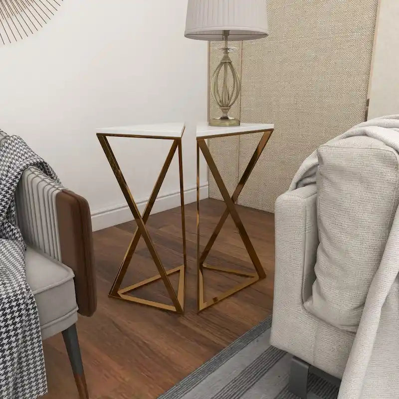 Metal Side End Accent Table with Marble Top - Set of 2 Gold - Roche River Decor