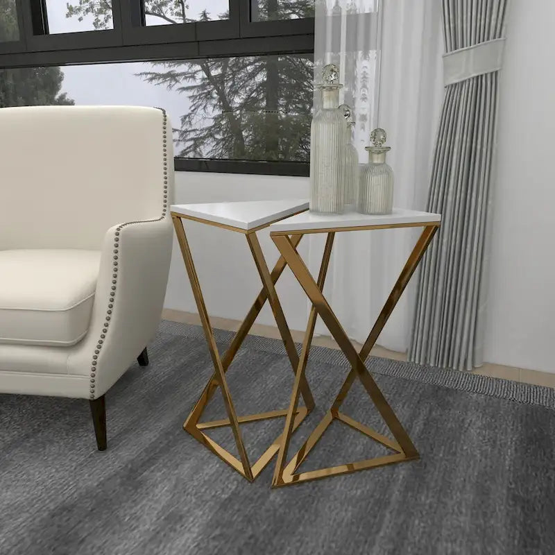 Metal Side End Accent Table with Marble Top - Set of 2 Gold - Roche River Decor