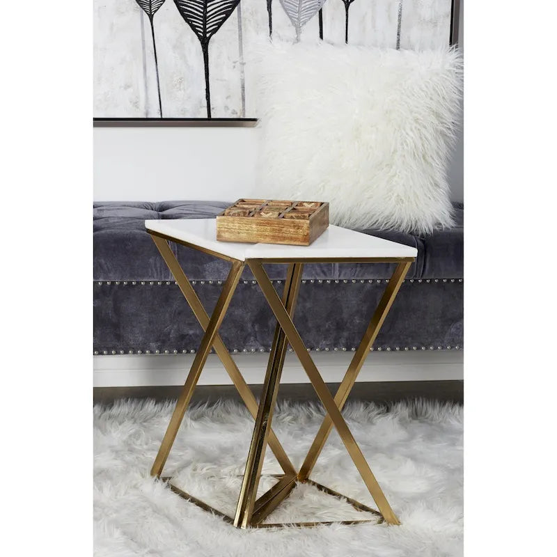 Metal Side End Accent Table with Marble Top - Set of 2 Gold - Roche River Decor