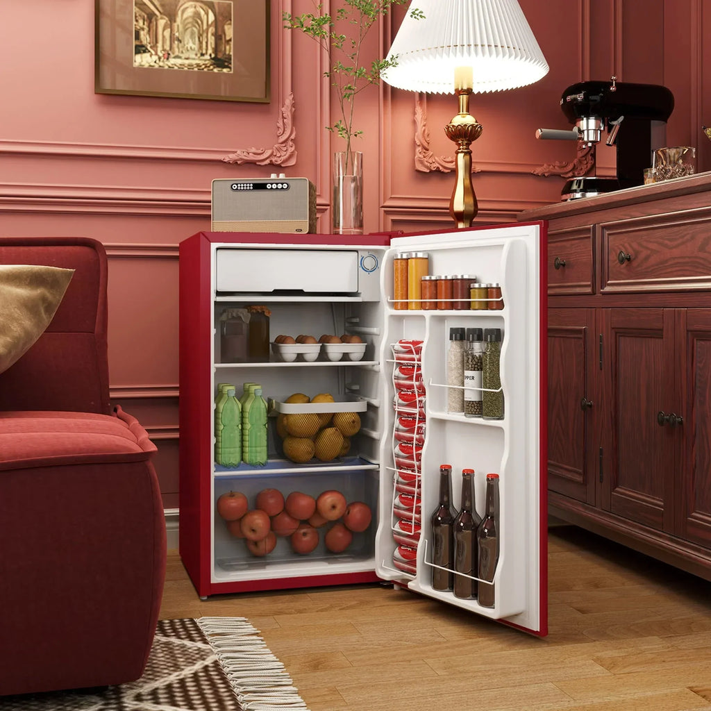 3.2 Cu.Ft Mini Fridge with Freezer, Single Door Compact Refrigerator with Adjustable Thermostat for Bedroom