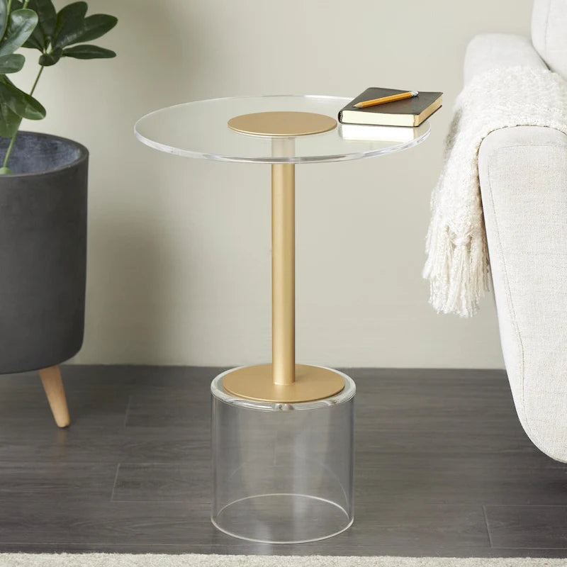 Tavolino d'appoggio in acrilico con base rialzata e supporto dorato - Trasparente - Roche River Decor