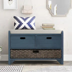Wood Storage Bench with 2 Woven Baskets
