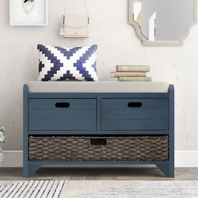 Wood Storage Bench with 2 Woven Baskets