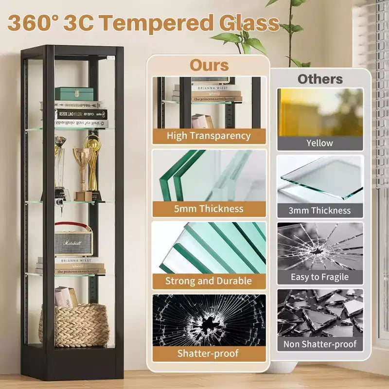 Bekrvio 4-Tier Glass Display Cabinet Case with Lock, 63 Curio Cabinet Tempered Glass Door & Adjustable Shelves