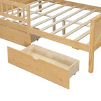 Full Size House Bed Frame with Drawers, House Platform Bed with LED Lights, Storage Shelves & Drawers, Wood Daybed with Roof and Guardrail