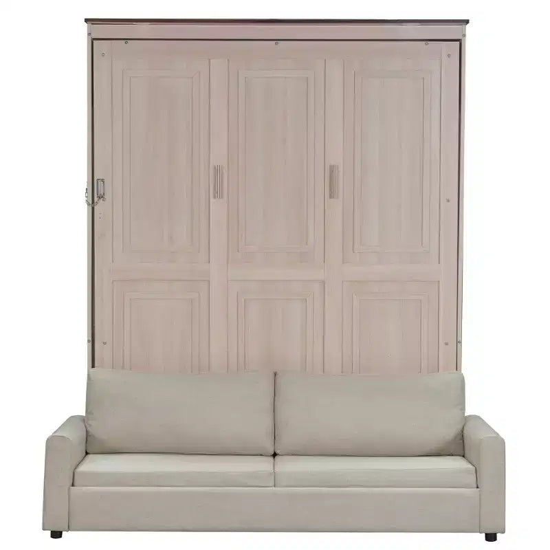 Queen Size Murphy Bed with Sofa, Wooden Queen Cabinet Bed Wall Bed with LED Light, Folding Wall Chest Bed with for Guest Room, Beige