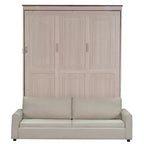 Queen Size Murphy Bed with Sofa, Wooden Queen Cabinet Bed Wall Bed with LED Light, Folding Wall Chest Bed with for Guest Room, Beige