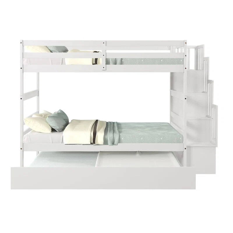 Twin over Twin Bunk Beds With Twin Trundle and Stairway Storage Function in Grey Color