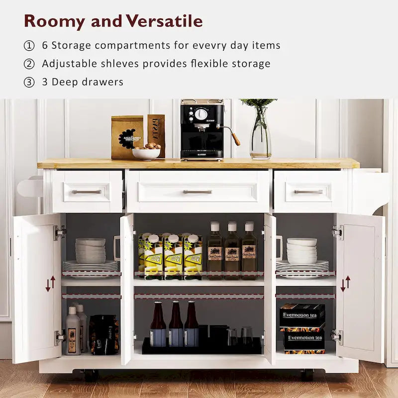 Large Kitchen Island with Wood Drop Leaf, Embossed Texture Rolling Kitchen Cart wDoors and Drawers wStorage for Kitchen, White