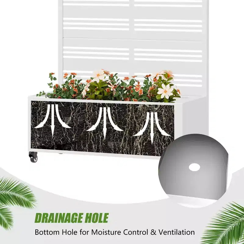 MAYEERTY White Wrought Iron Rectangular Planter with Trellis (Harold Wide-Narrow B Louvered), 72x35x16, 5-Piece Indoor Outdoor Garden Decor
