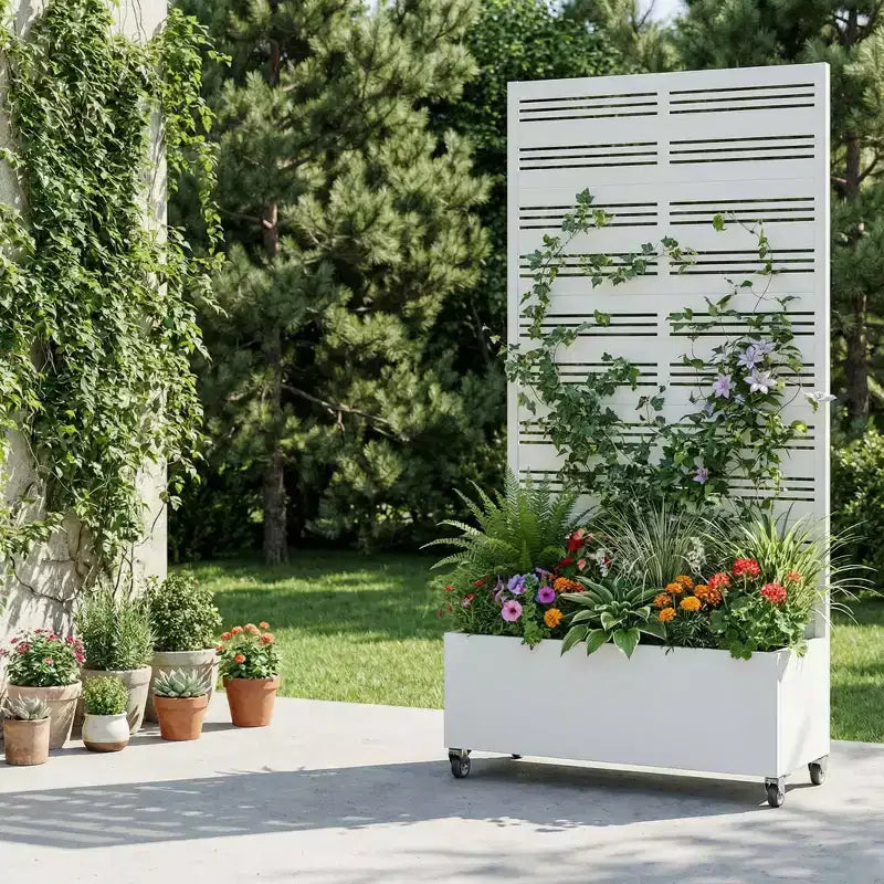 MAYEERTY White Wrought Iron Rectangular Planter with Trellis (Harold Wide-Narrow B Louvered), 72x35x16, 5-Piece Indoor Outdoor Garden Decor