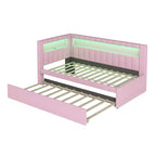 Twin/Full Daybed with Trundle and L-Shaped Bookshelf Headboard, Linen Upholstered Soft Corner Bed with Storage Shelves and LED Belt