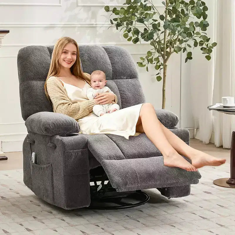 Oversized Recliner Chair for Adults, Manual Swivel Rocker Sofa, Side Pockets & Cup Holders for Big and Tall Persons, Living Room