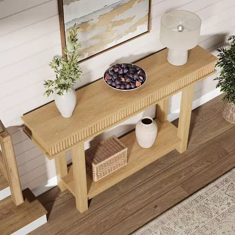 Fluted Wooden Console Table Farmhouse 2 Tier with Shelf Storage Rectangular Narrow Entryway Table Behind Couch for Foyer Hallway Living Room